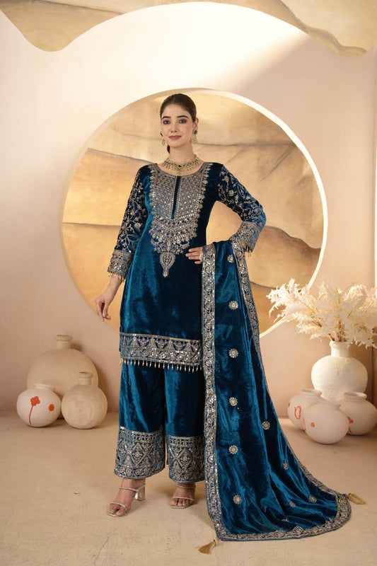 Bule Color Velvet Fabric With Embroidery Work Suit