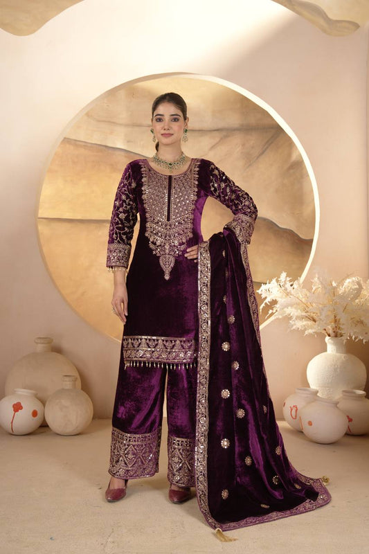 Purple Color Velvet Fabric With Embroidery Work Suit