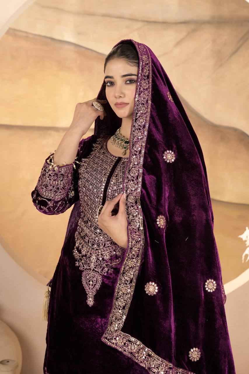 Purple Color Velvet Fabric With Embroidery Work Suit