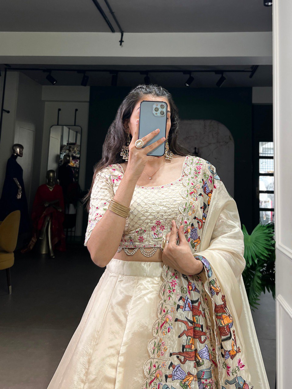 Off-White Color Raspberry Thread Embroidered Lehenga Choli