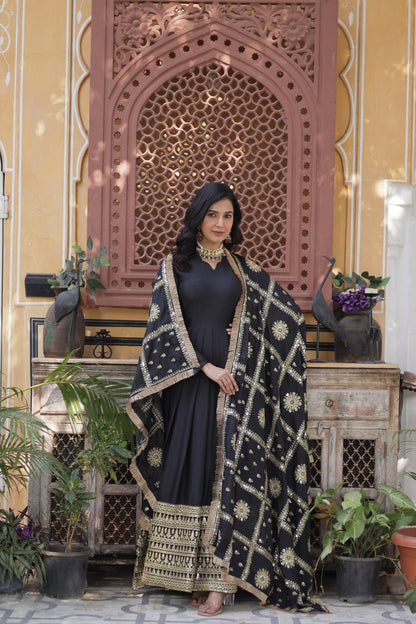 Black Color  Georgette Fabric with Embroidery Work Gown Set