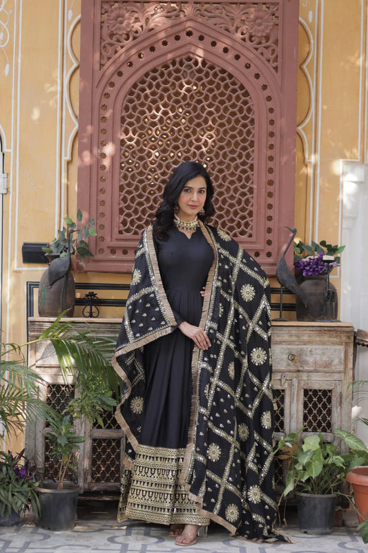 Black Color  Georgette Fabric with Embroidery Work Gown Set