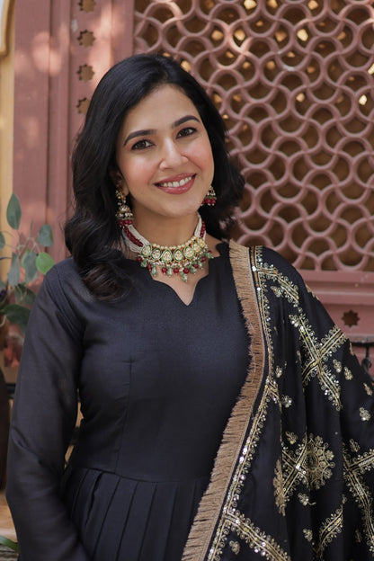 Black Color  Georgette Fabric with Embroidery Work Gown Set