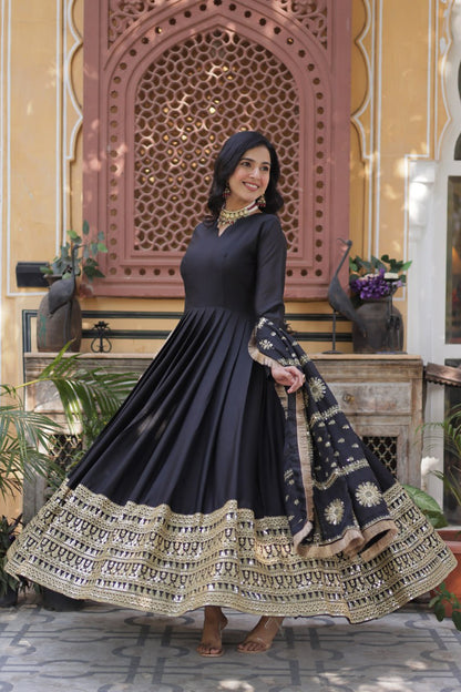 Black Color  Georgette Fabric with Embroidery Work Gown Set