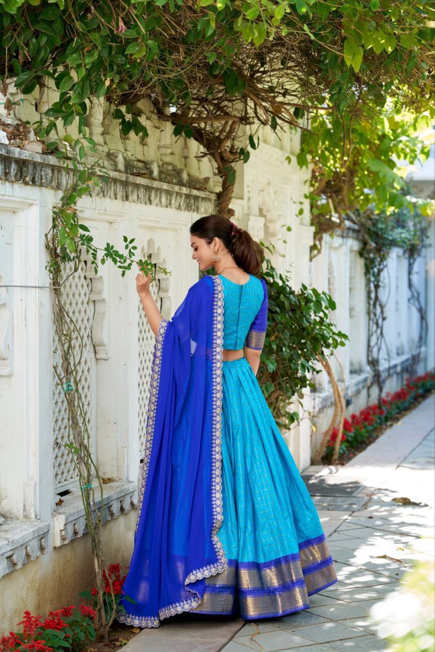 Beautiful Blue Zari Weaving Art Silk Festival Wear Half Saree Lehenga