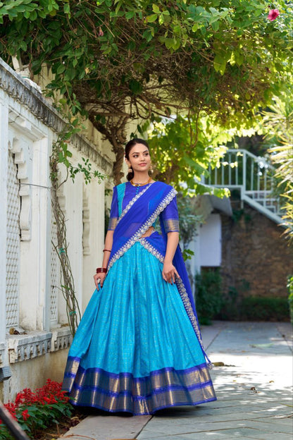 Beautiful Blue Zari Weaving Art Silk Festival Wear Half Saree Lehenga