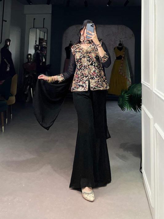 Premium Designer Black Georgette Kurta Palazzo With Dupatta For Wedding & Party