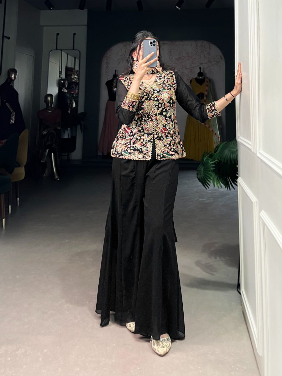 Premium Designer Black Georgette Kurta Palazzo With Dupatta For Wedding & Party