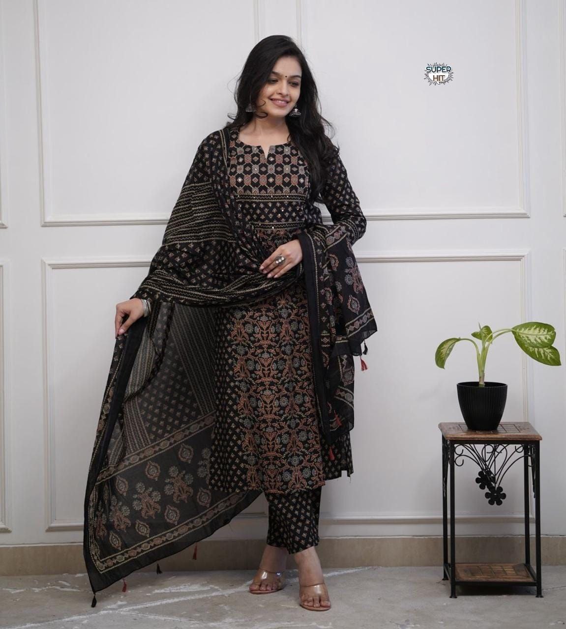 Mughal block kurti pant dupatta set