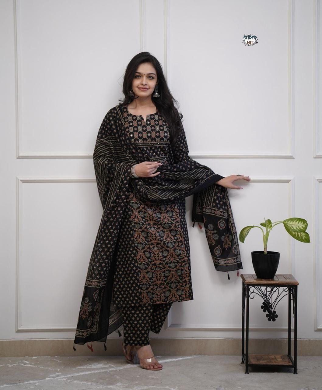 Mughal block kurti pant dupatta set