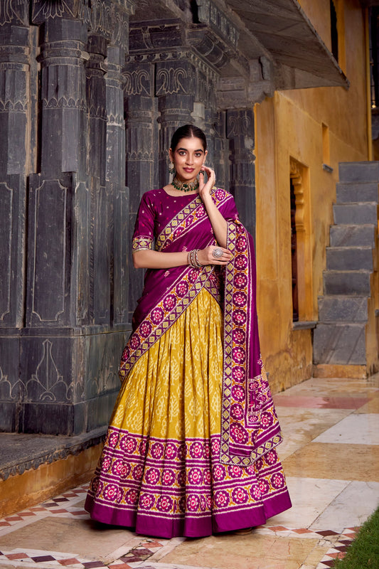 Silk Fabric Mustard Color Beatific Look Patola Style Foil Printed Lehenga