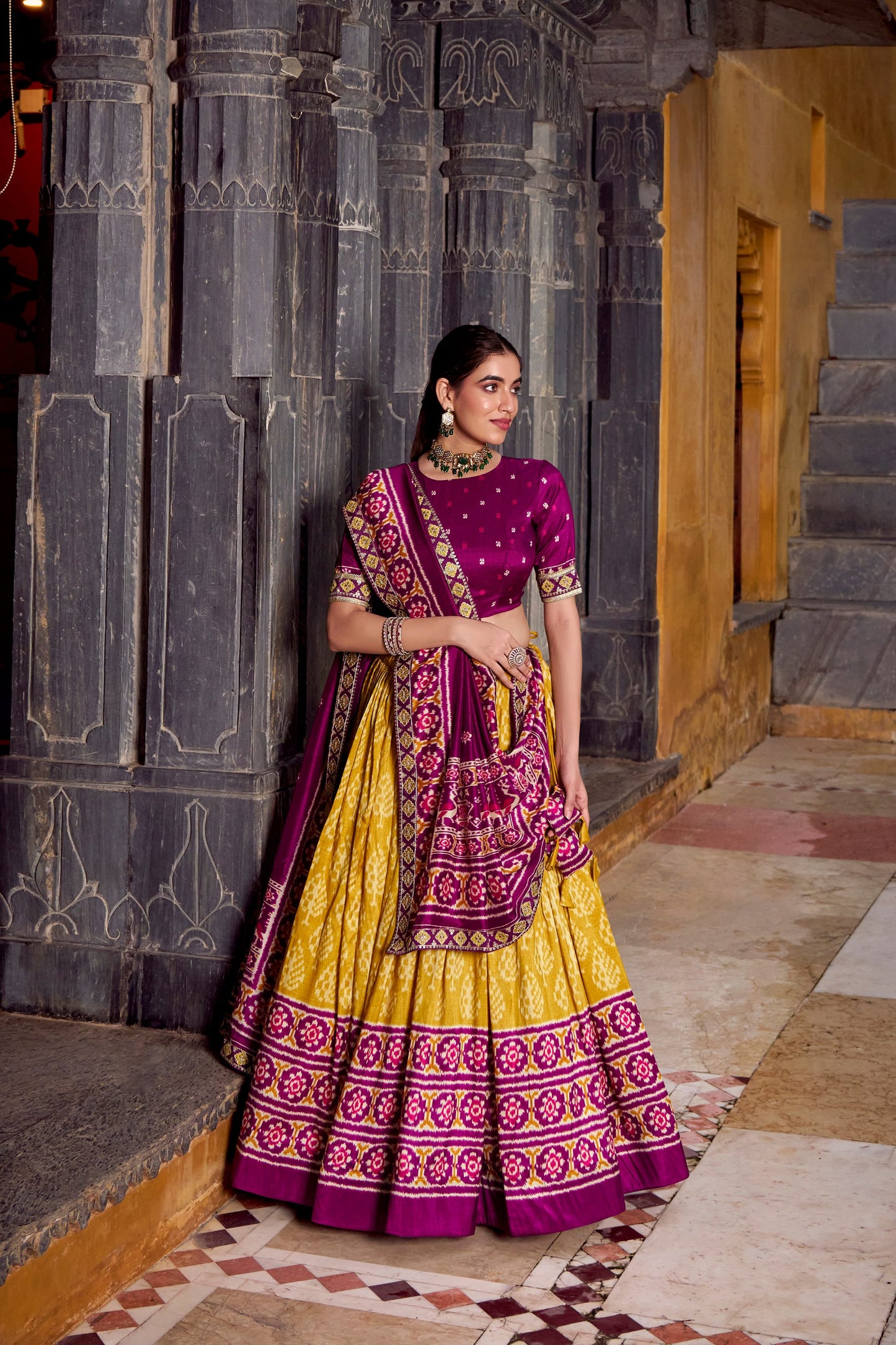 Silk Fabric Mustard Color Beatific Look Patola Style Foil Printed Lehenga