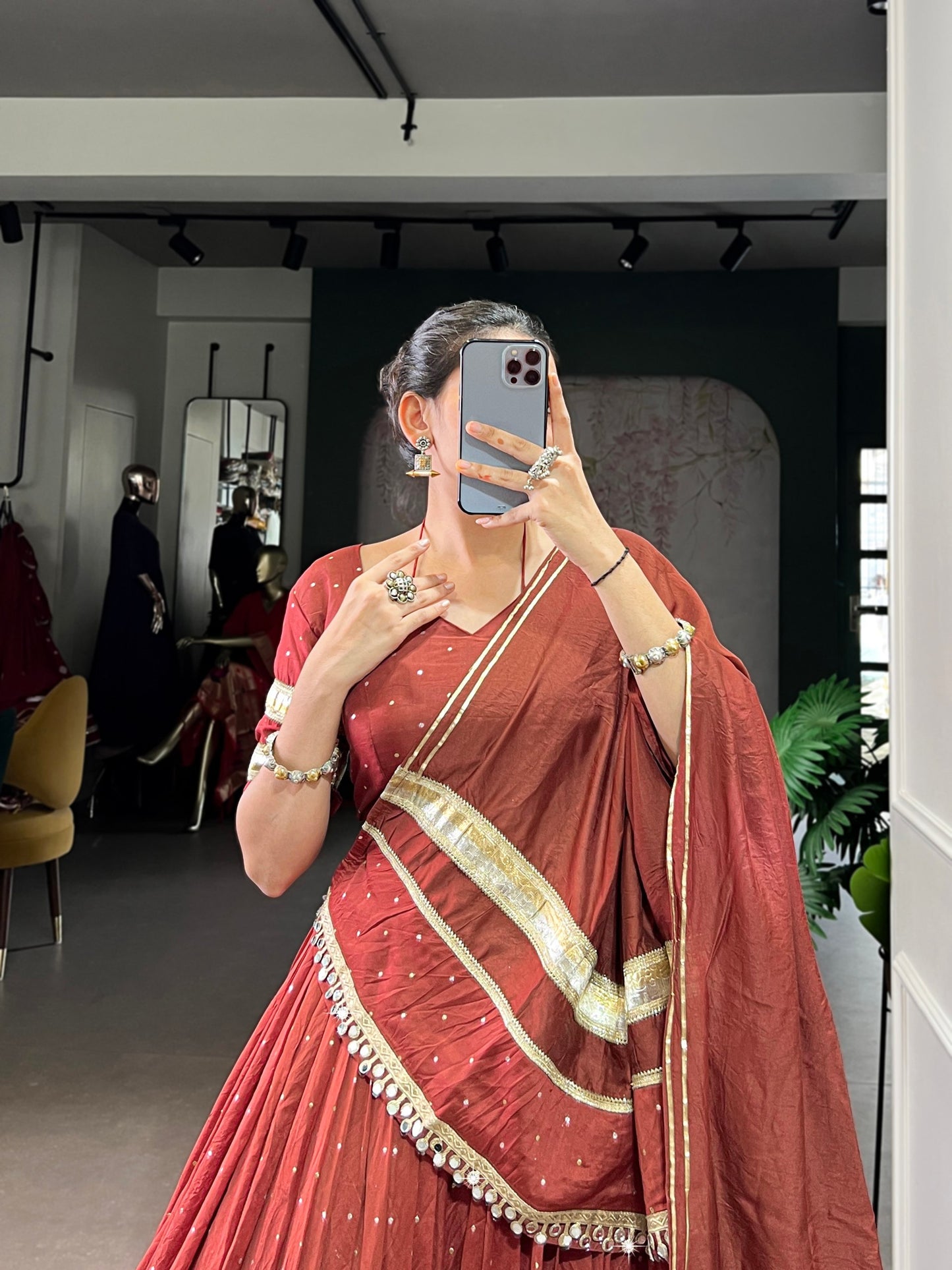 Rust Chanderi Lace Zari Work Lehenga Choli