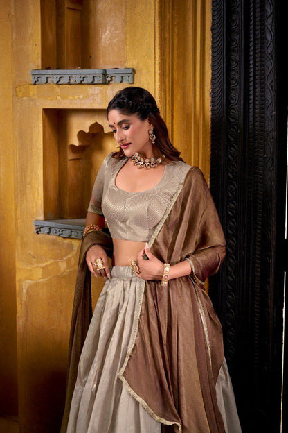 Cream Royal Dupion Silk Zari Weaving Lehenga Choli with Zari Shimmer Dupatta – Stitched Traditional Ensemble