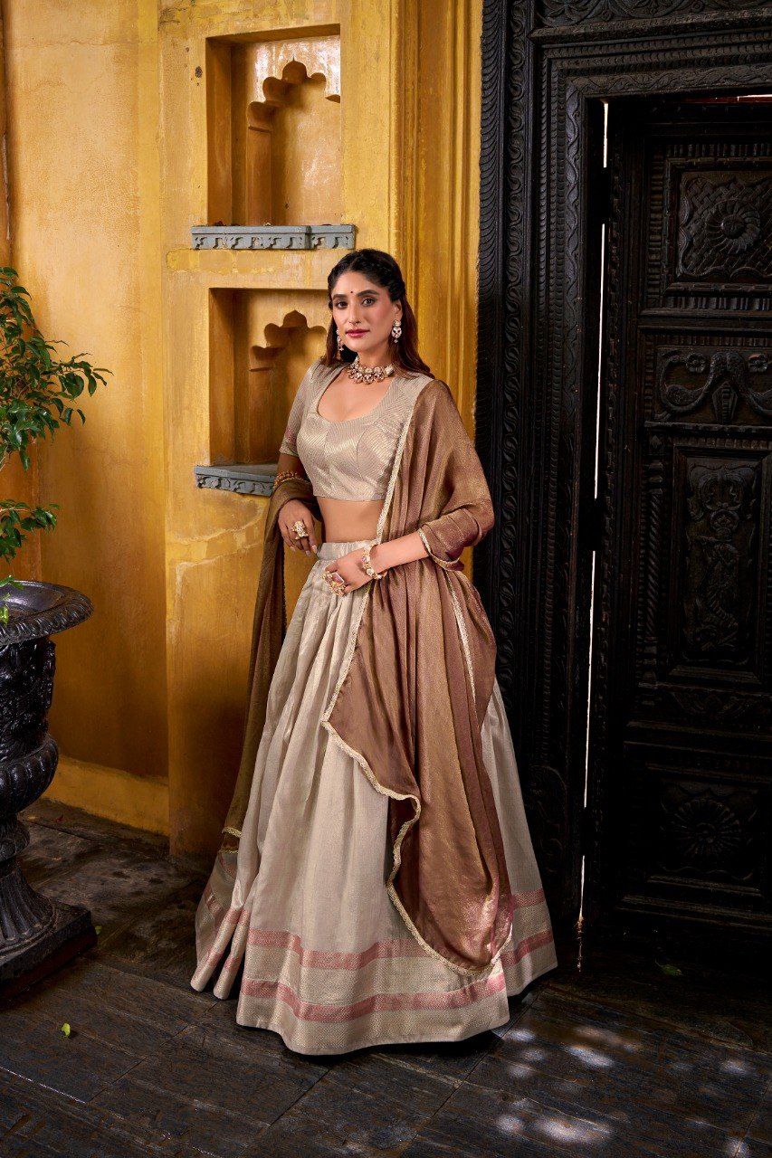 Cream Royal Dupion Silk Zari Weaving Lehenga Choli with Zari Shimmer Dupatta – Stitched Traditional Ensemble