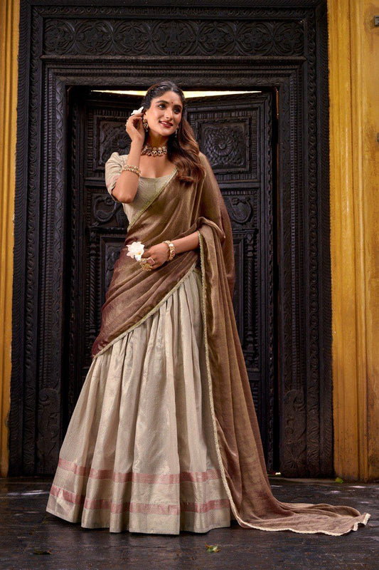 Cream Royal Dupion Silk Zari Weaving Lehenga Choli with Zari Shimmer Dupatta – Stitched Traditional Ensemble