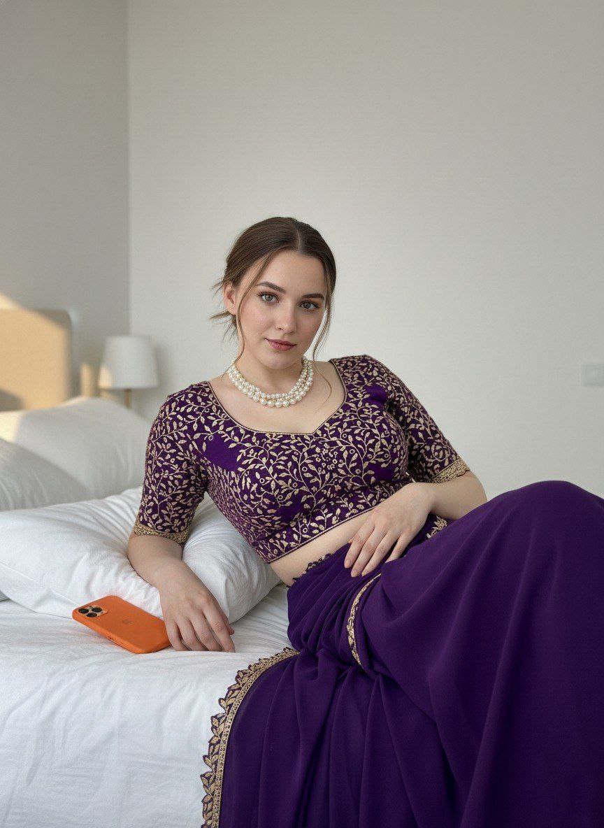 Rangoli Silk-Regal Velvet-Feel Saree with Golden Threadwork Blouse