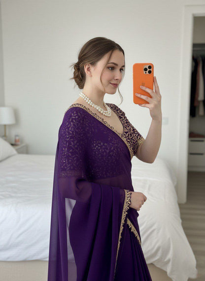 Rangoli Silk-Regal Velvet-Feel Saree with Golden Threadwork Blouse