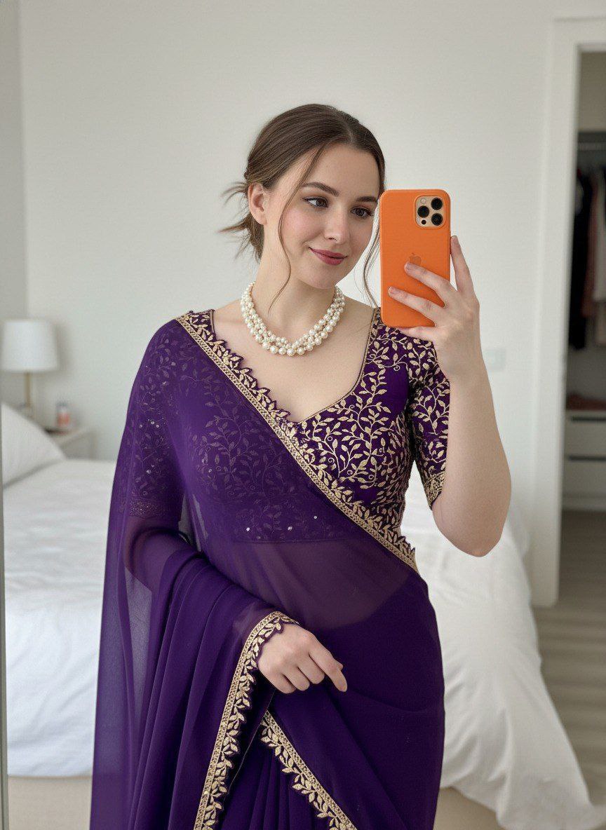 Rangoli Silk-Regal Velvet-Feel Saree with Golden Threadwork Blouse