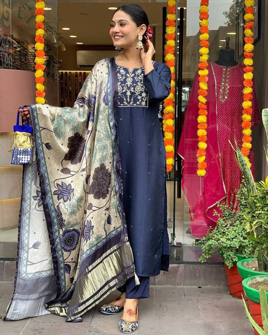 Midnight blue Embroidered suit set
