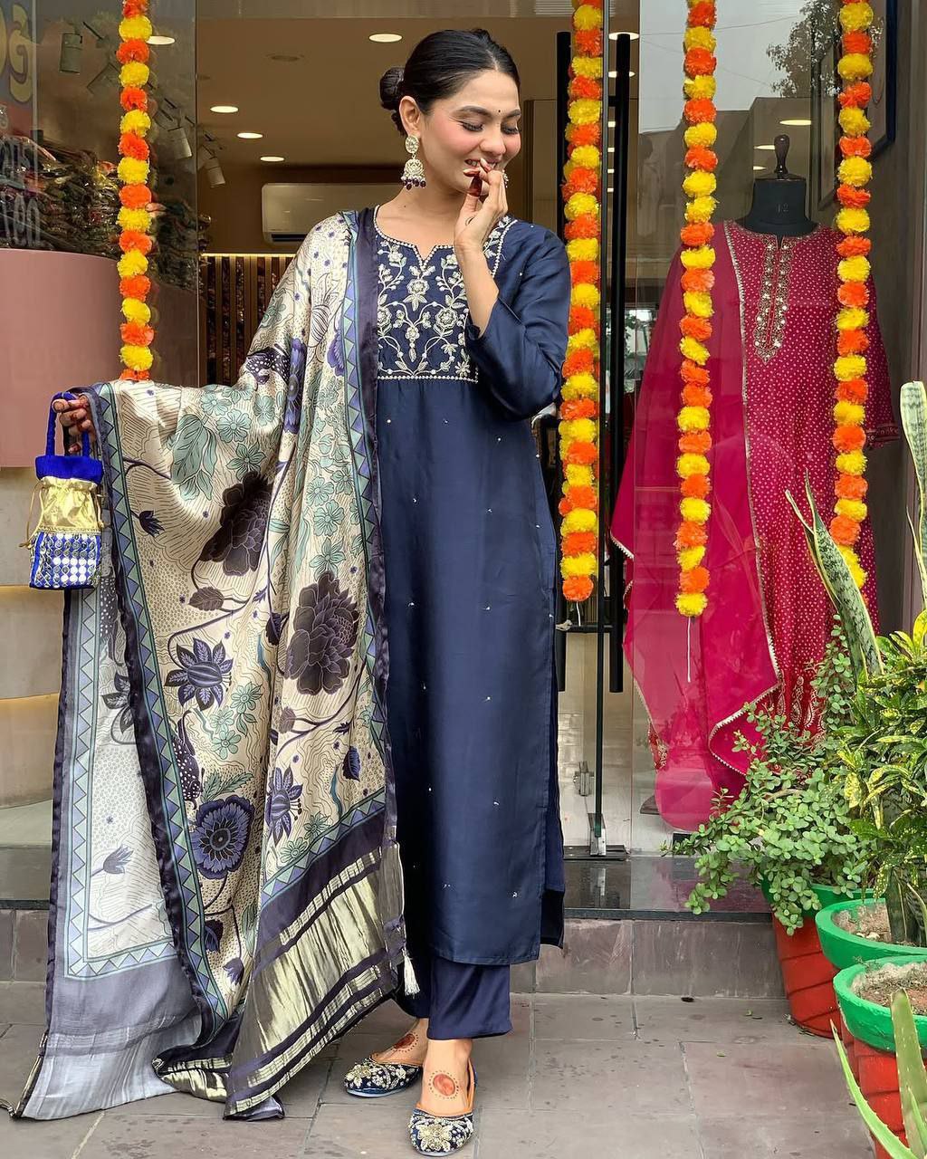 Midnight blue Embroidered suit set