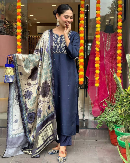 Midnight blue Embroidered suit set