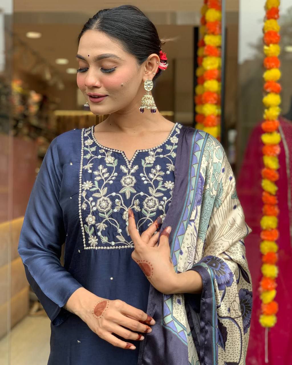 Midnight blue Embroidered suit set