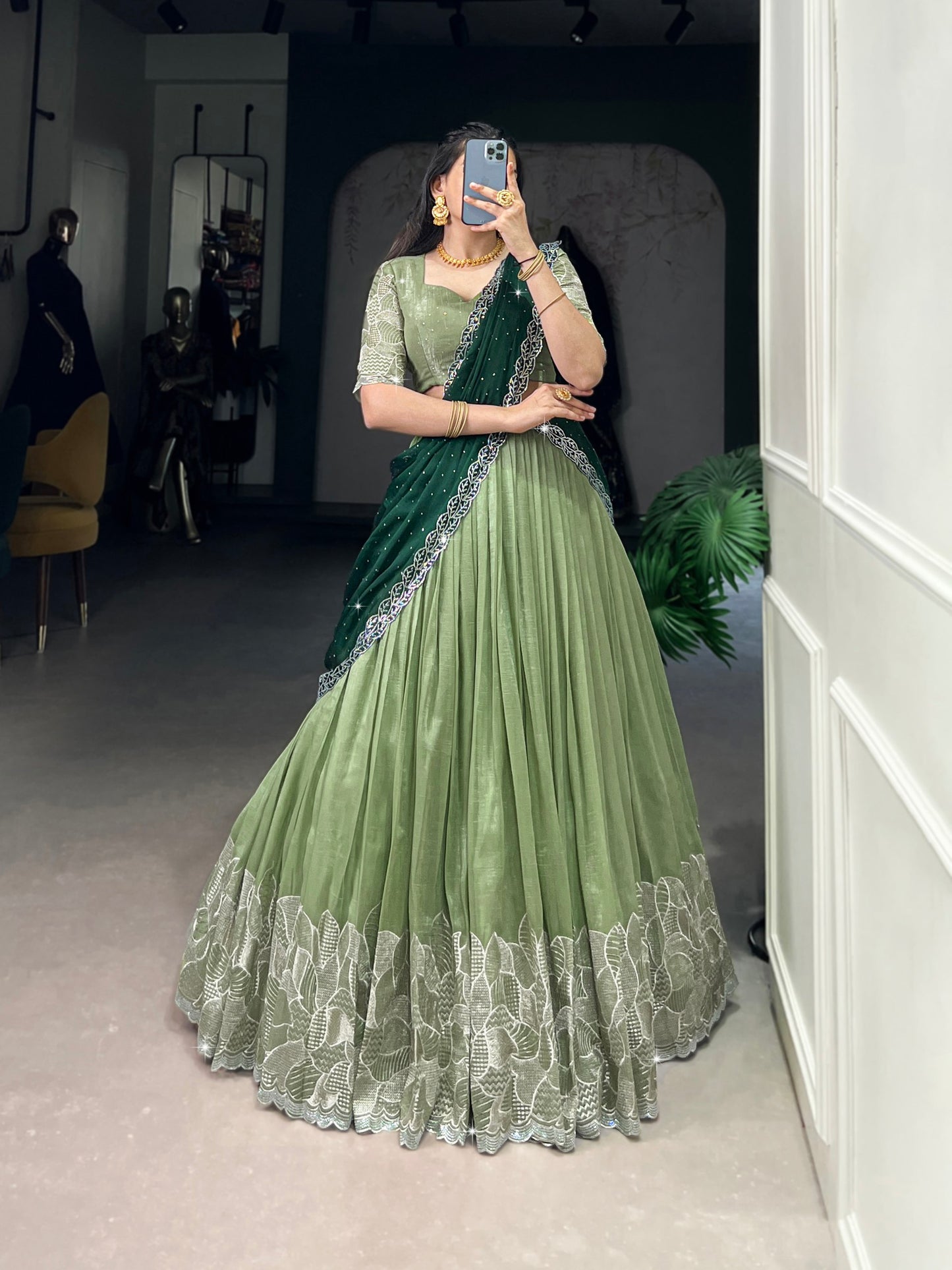 Green Color Silver Glosy and  Embroidery Work Lehenga With Dupatta