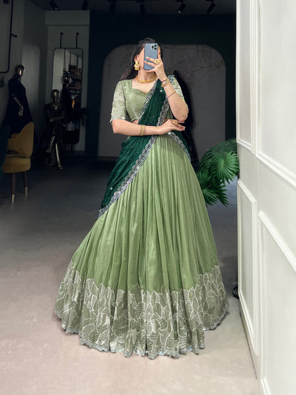Green Color Silver Glosy and  Embroidery Work Lehenga With Dupatta