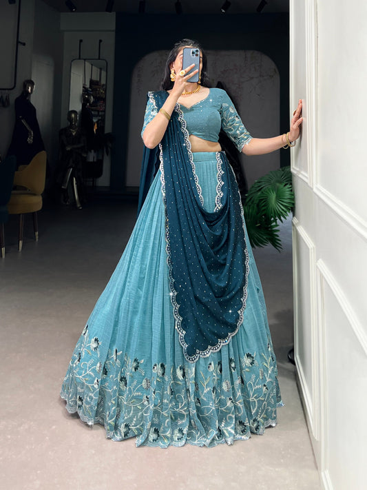 blue Color Silver Glosy and Embroidery Work Lehenga With Dupatta