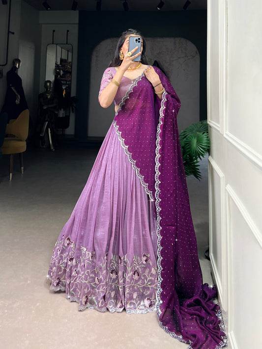 Purple Color Silver Glosy and Embroidery Work Lehenga With Dupatta