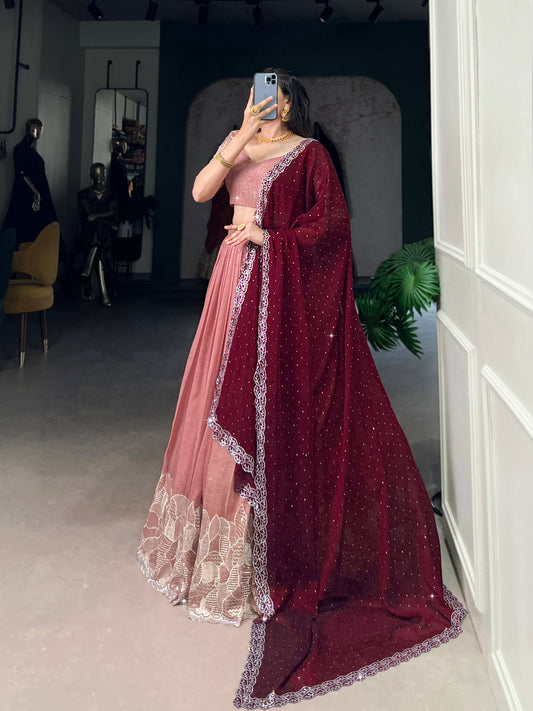 Peach Color Silver Glosy and Embroidery Work Lehenga With Dupatta