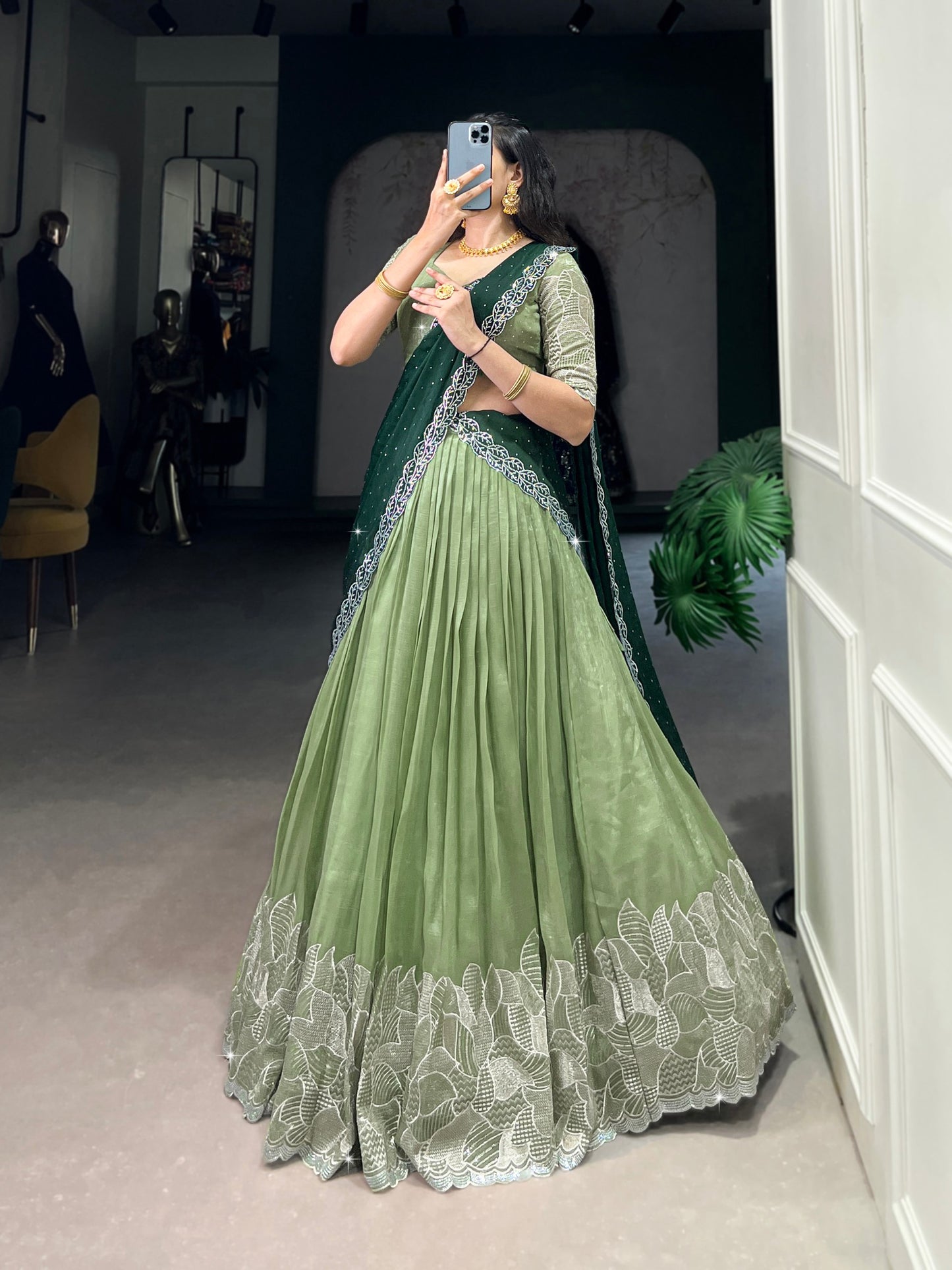 Green Color Silver Glosy and  Embroidery Work Lehenga With Dupatta