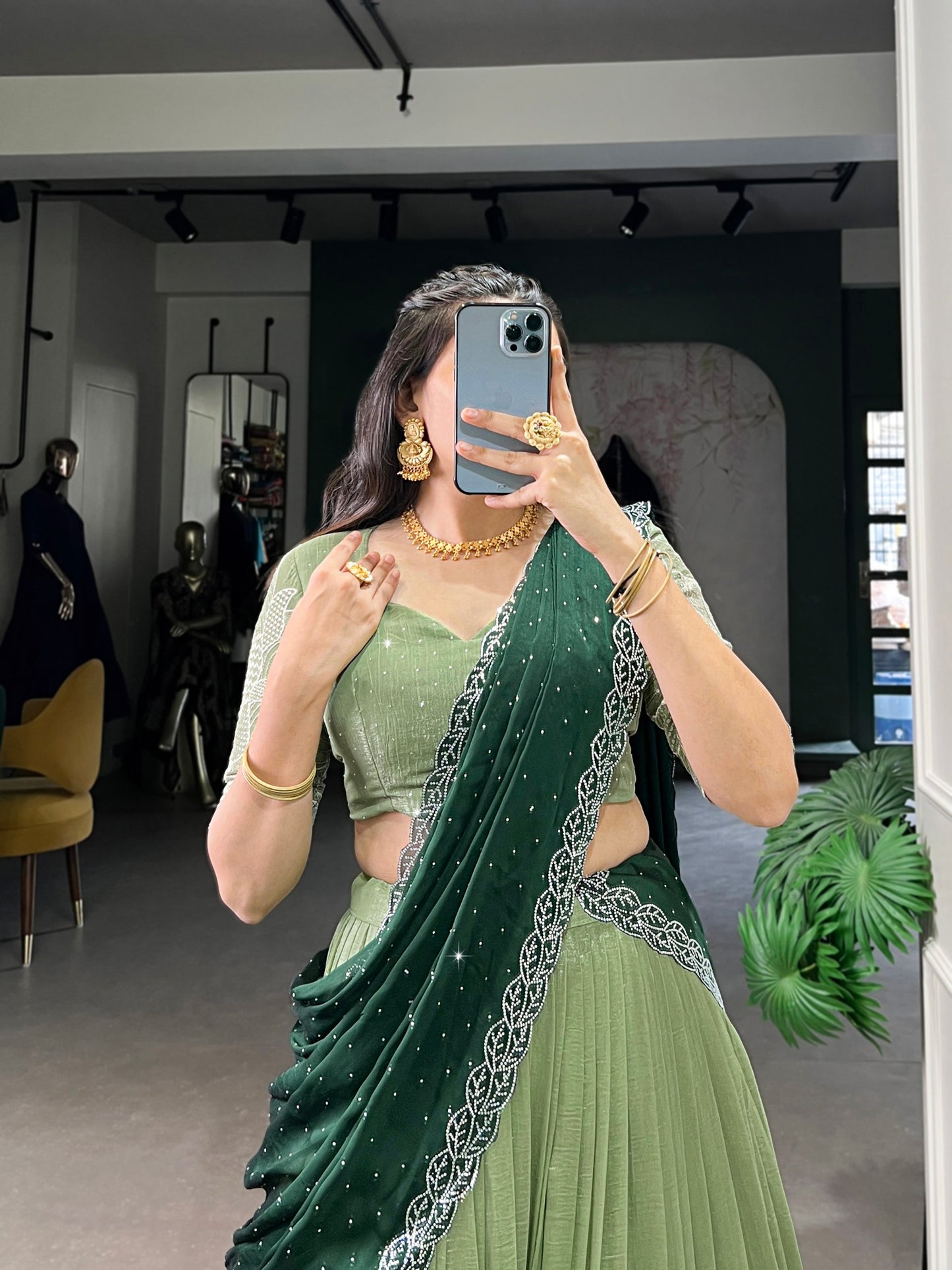 Green Color Silver Glosy and  Embroidery Work Lehenga With Dupatta