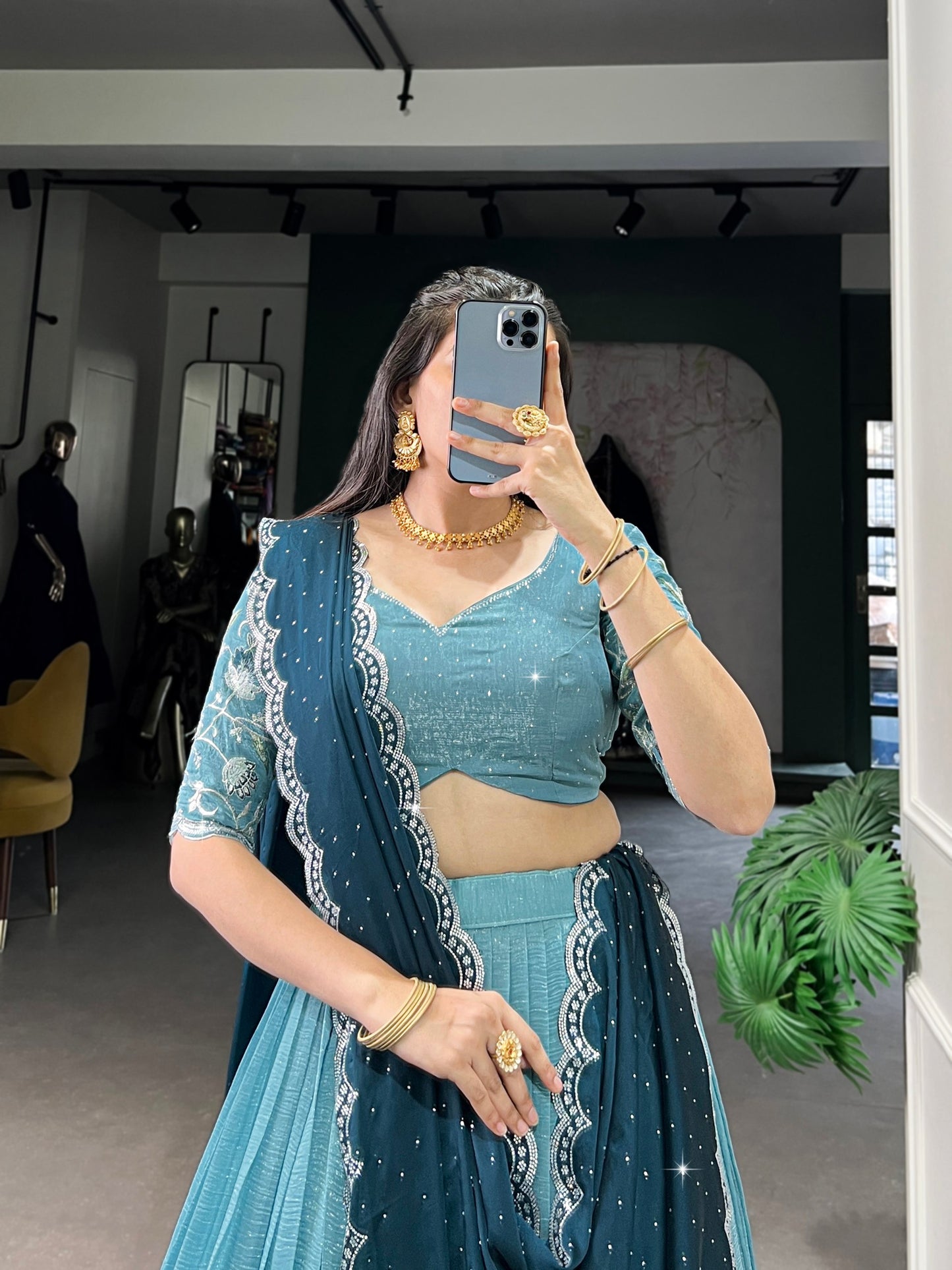 blue Color Silver Glosy and Embroidery Work Lehenga With Dupatta