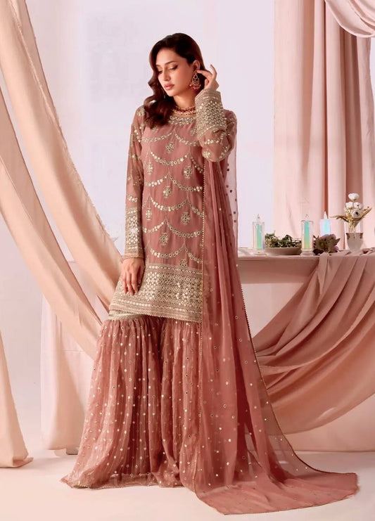 Onion Pink Georgette Sequins Embroidered Sharara Set
