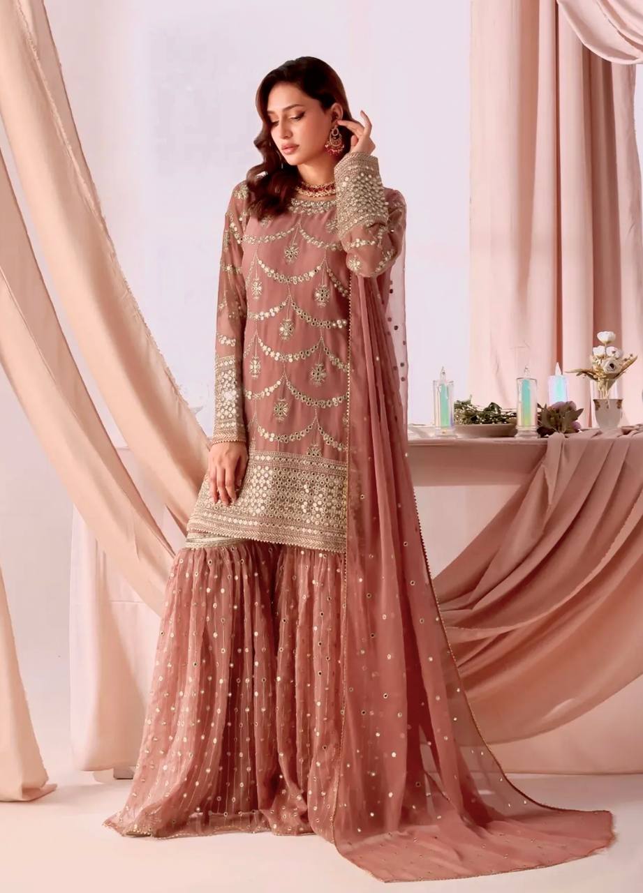 Onion Pink Georgette Sequins Embroidered Sharara Set