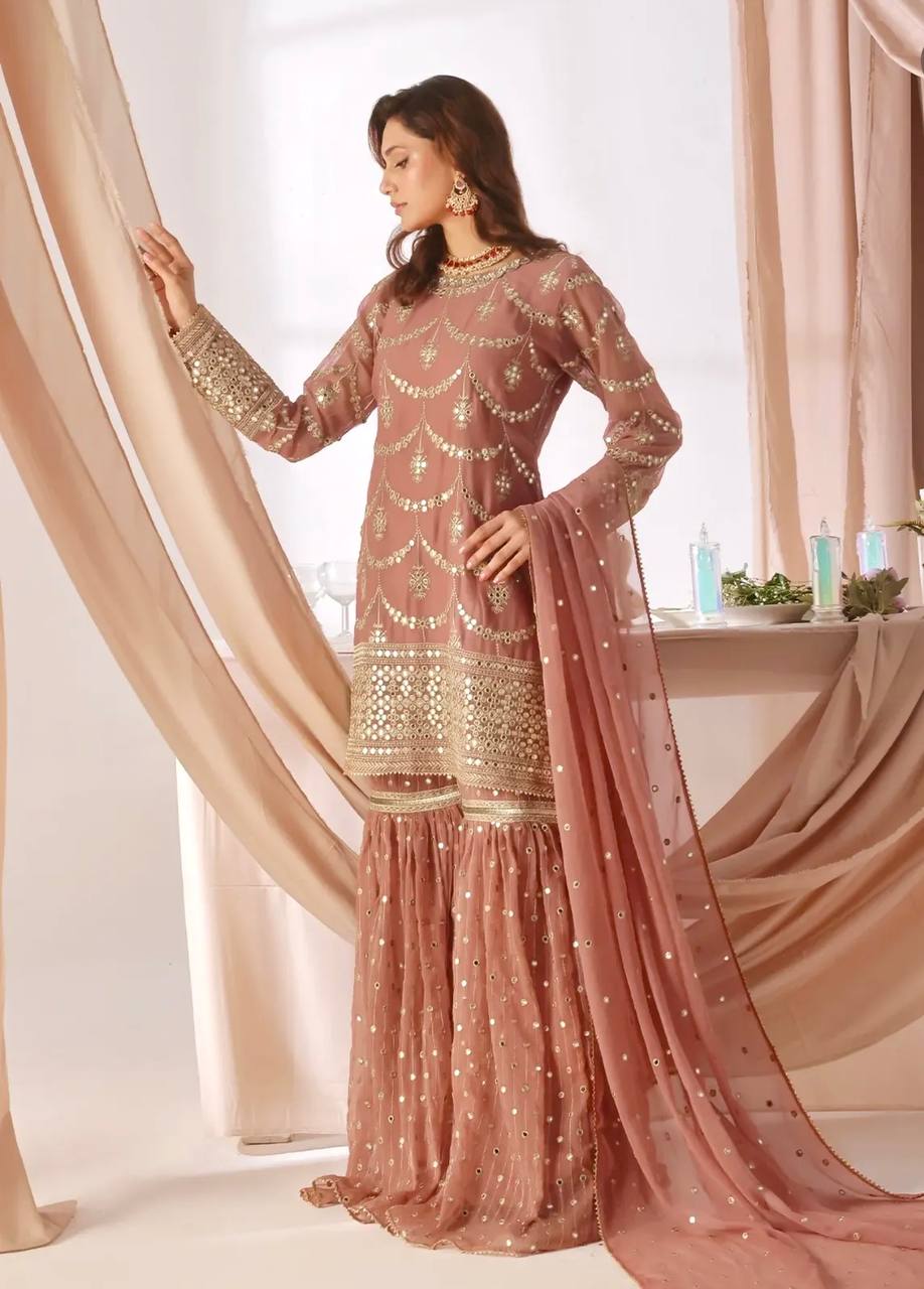 Onion Pink Georgette Sequins Embroidered Sharara Set