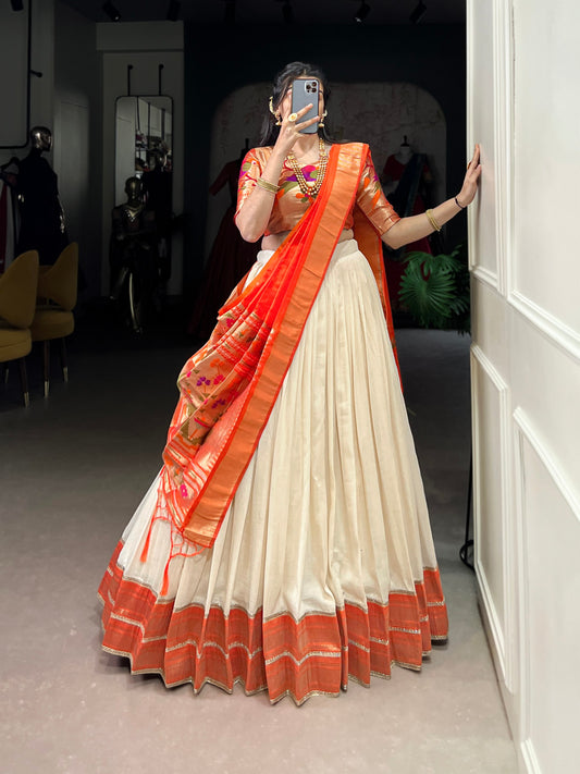 White Pure Vichitra Paithani Silk Zari Weaving South Indian Lehenga Choli