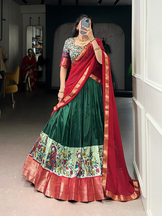 Green Color Aastha Silk Printed Zari Weaving Half Saree Lehenga