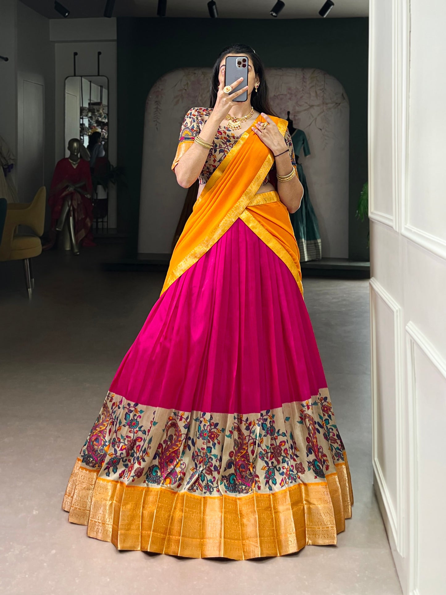 Mustard Color Zari Weaving Work Kanchipuram South Indian Lehenga Choli