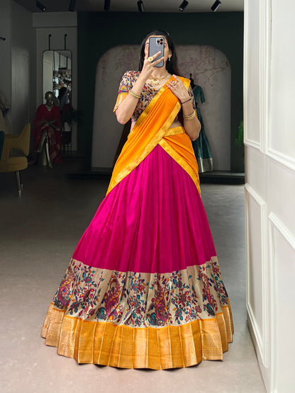 Mustard Color Zari Weaving Work Kanchipuram South Indian Lehenga Choli