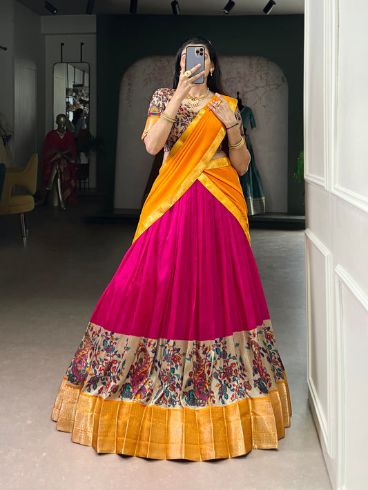 Mustard Color Zari Weaving Work Kanchipuram South Indian Lehenga Choli