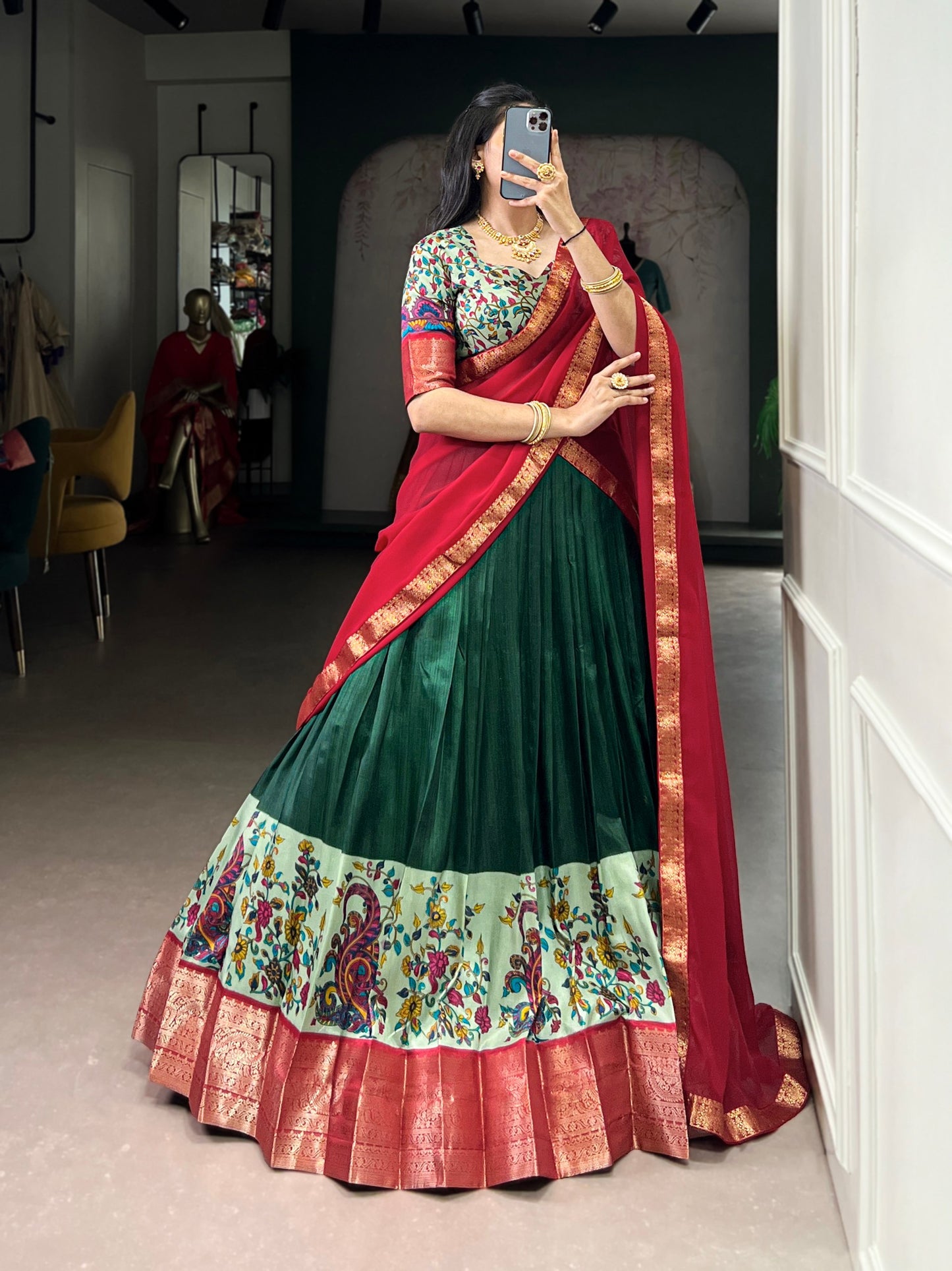 Green Color Aastha Silk Printed Zari Weaving Half Saree Lehenga