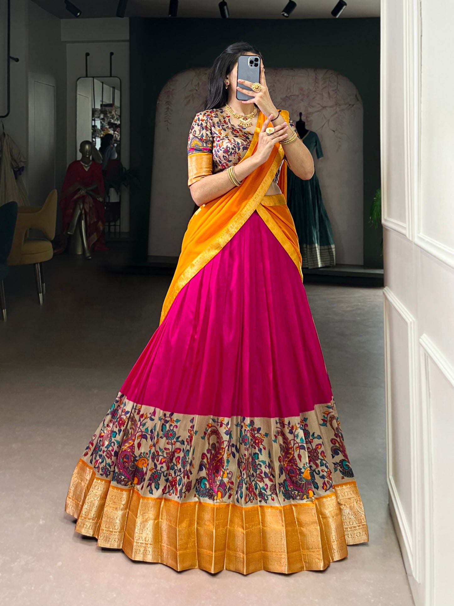 Mustard Color Zari Weaving Work Kanchipuram South Indian Lehenga Choli