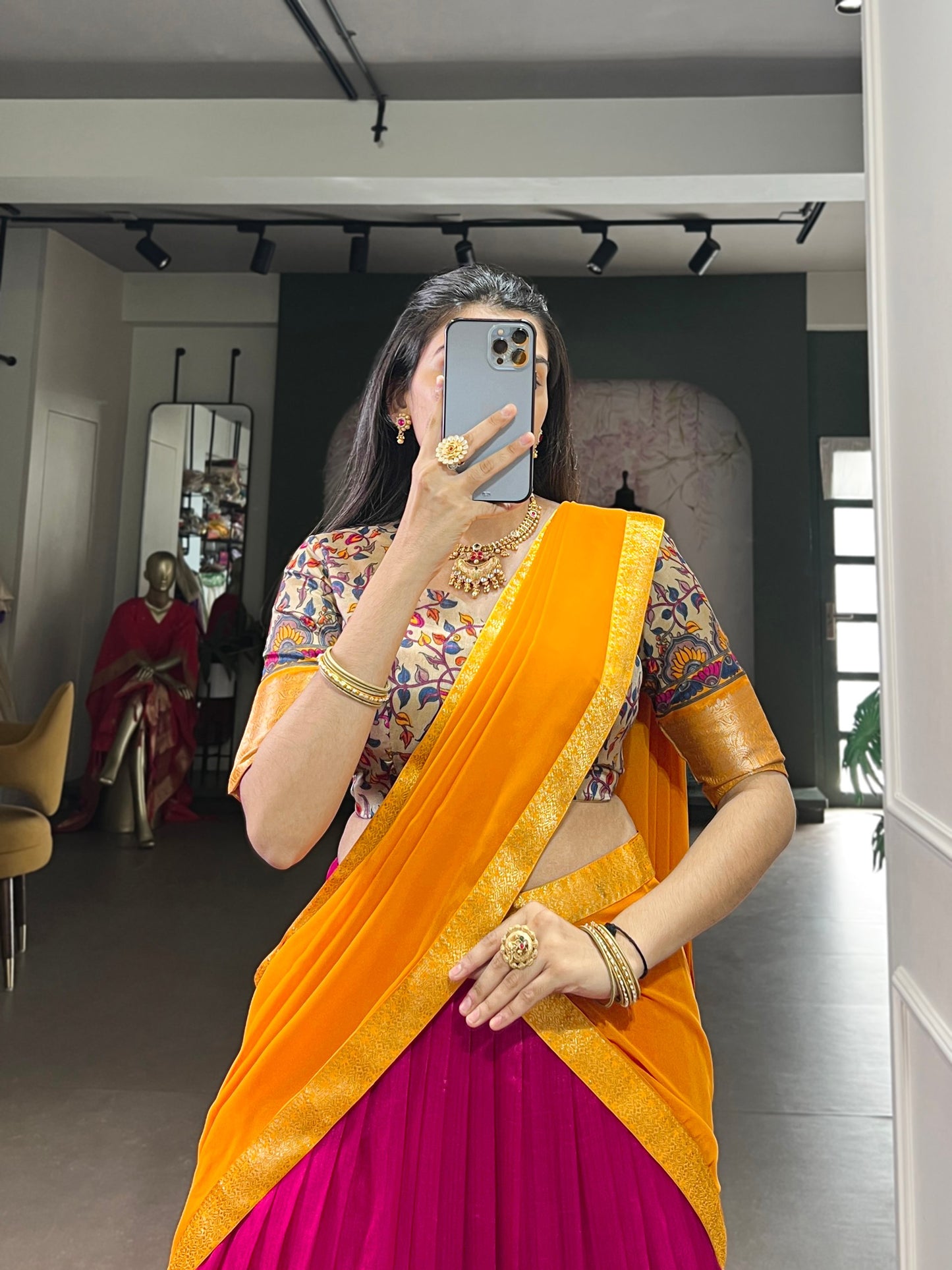 Mustard Color Zari Weaving Work Kanchipuram South Indian Lehenga Choli