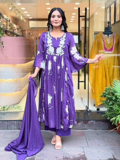 Royal purple Floral Embroidered Anarkali Kurta with Palazzos & Dupatta