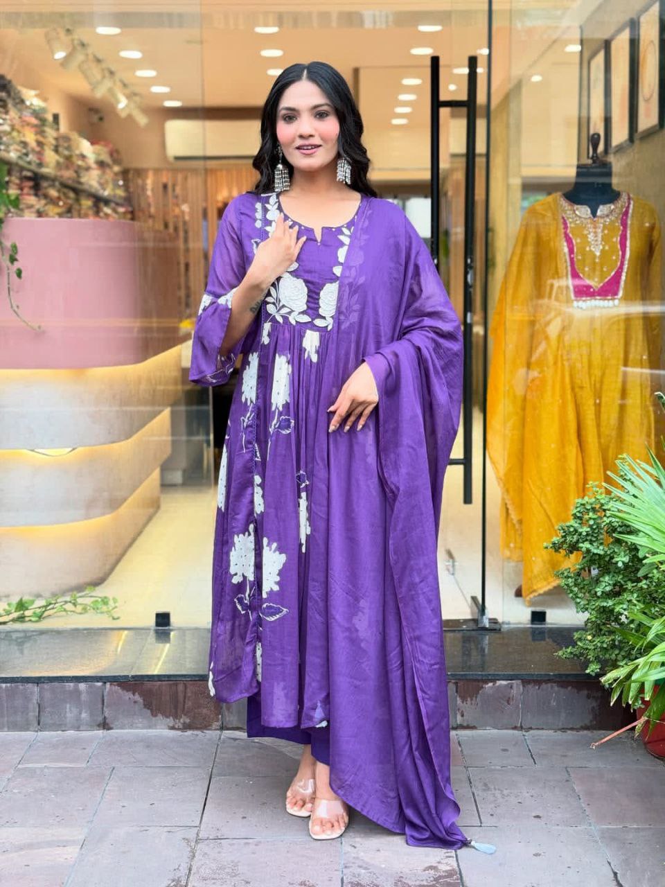 Royal purple Floral Embroidered Anarkali Kurta with Palazzos & Dupatta
