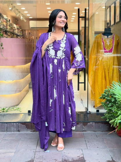 Royal purple Floral Embroidered Anarkali Kurta with Palazzos & Dupatta