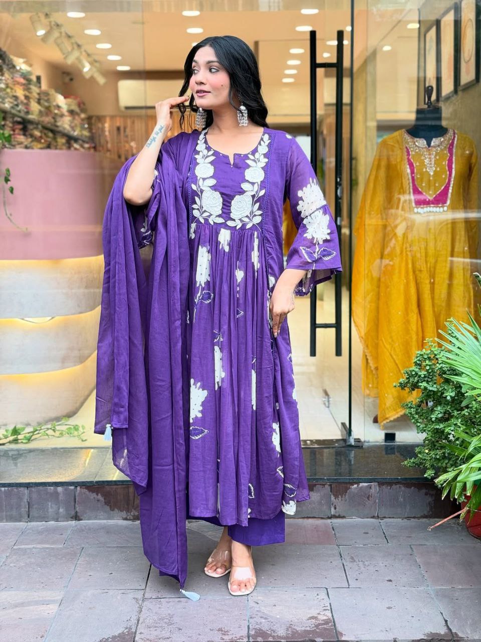 Royal purple Floral Embroidered Anarkali Kurta with Palazzos & Dupatta